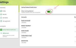 Turn on Running Balance; if available balance includes pending items